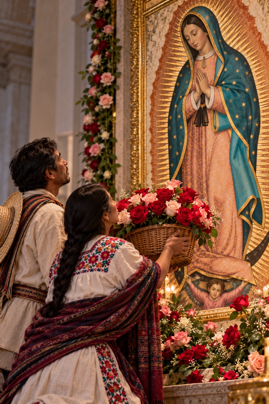 Una pareja campesina ofrece una canasta de rosas a la Virgen de Guadalupe.